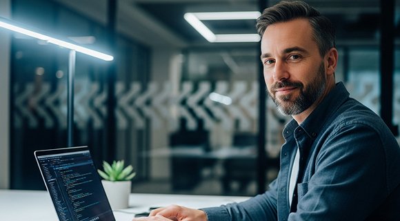 A person working on a laptop with code on the screen, representing intellectual property